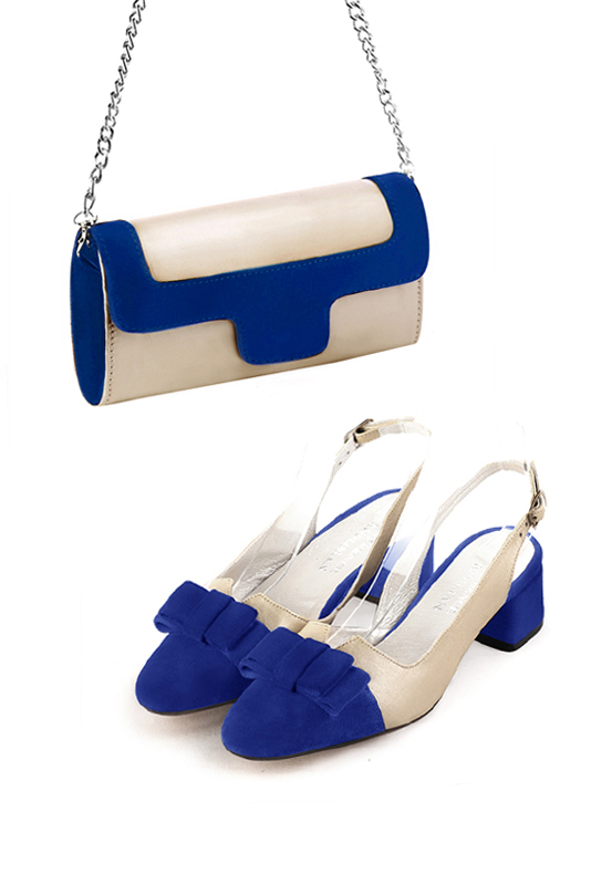 Dress clutch for wedding and parties in gold and electric blue leather - Worn view